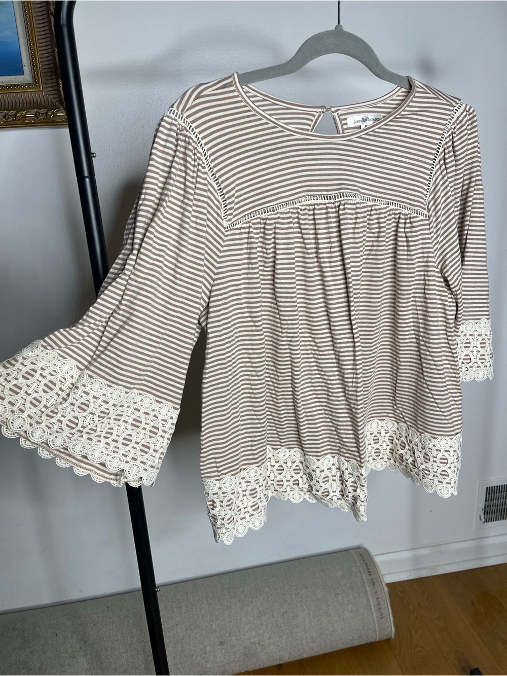 JohnPaulRichard Striped Crochet-Trim Bell Sleeve Tunic - Cream & Tan